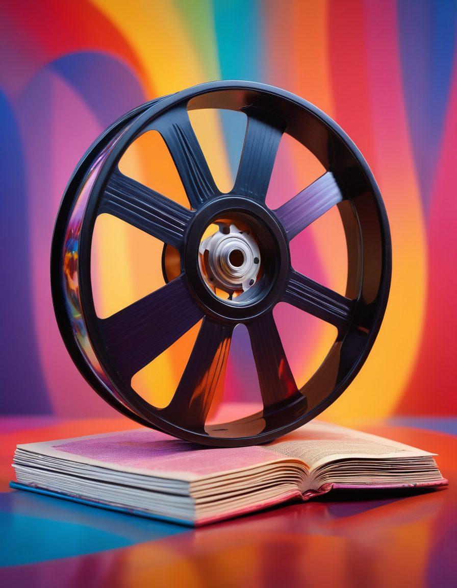 A thought-provoking scene featuring a film reel and a philosophy book entwined among vibrant swirling colors, symbolizing the blend of entertainment and philosophical depth. In the background, silhouettes of famous movie scenes fade into abstract representations of philosophical concepts, creating a dynamic perspective. The image evokes a sense of motion and contemplation. vibrant colors. surrealism. 3D.
