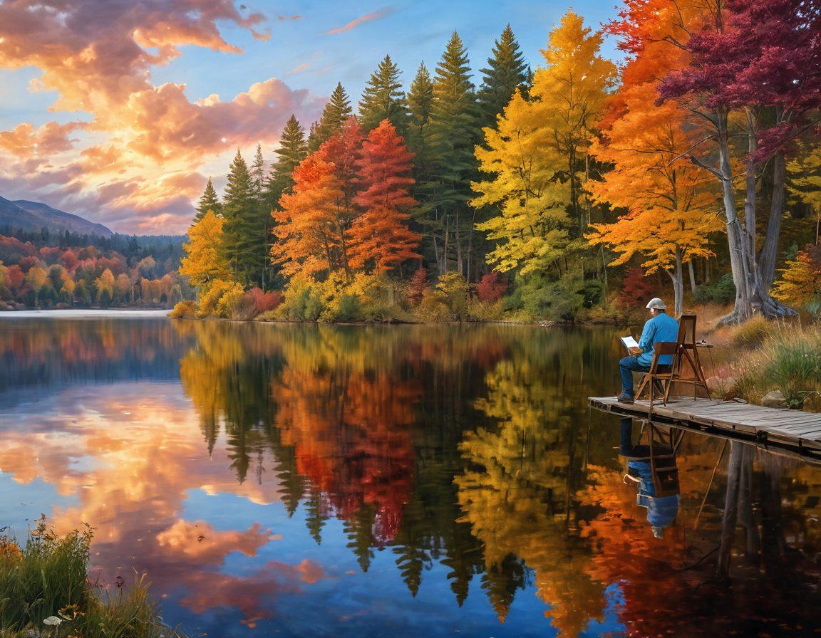 A serene landscape featuring a reflective lake surrounded by colorful autumn trees, with an artist contemplating beside an easel, capturing nature's beauty. The sky is painted with soft hues of sunset, and wisps of clouds mirror the lake's tranquility. Include art supplies scattered around the artist for a creative touch. super-realistic. vibrant colors. warm tones.