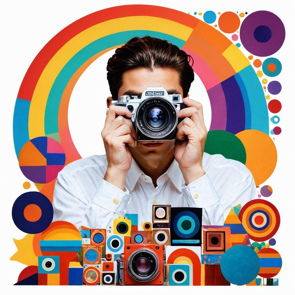 A contemplative figure gazing through a vintage camera lens, surrounded by vibrant cultural artifacts and colorful abstract shapes representing creativity. The background features subtle reflections of modern entertainment symbols, blending tradition with contemporary art. Soft light illuminates the scene, invoking a sense of exploration and thoughtfulness. super-realistic. vibrant colors. white background.